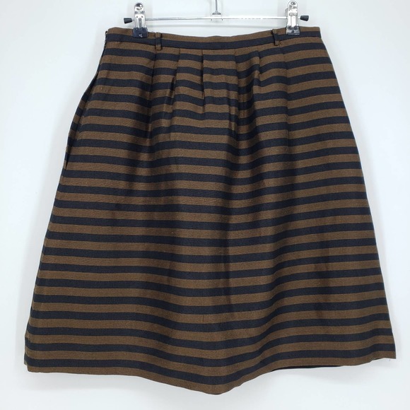 Madewell Striped Skirt 0 A Line Pleated Knee Length Linen Silk Brown Black 08334 - Picture 3 of 9